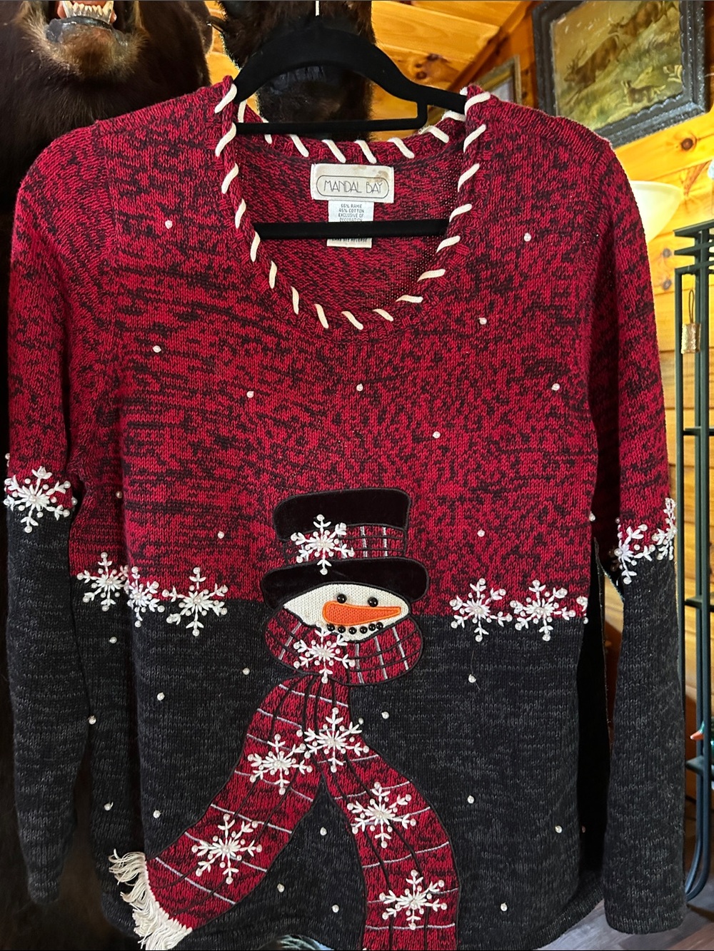Women's Red & Black Snowman Crewneck Sweater